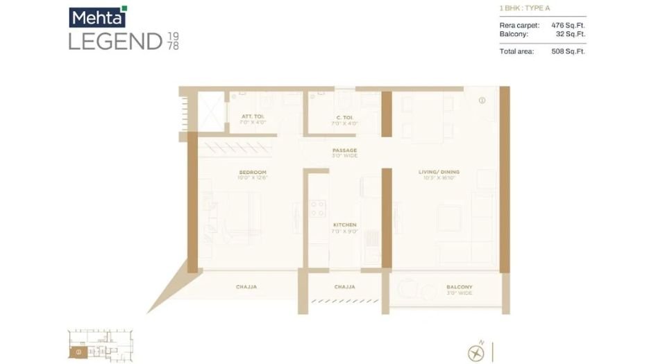 Mehta-LEGEND-1978-Floor-plan-1BHK-508 Sqft-Type A